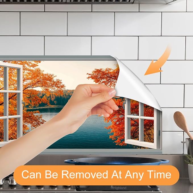Autumn Lake Kitchen Backsplash Peel and Stick, 30x16 in | Open window view of fiery orange autumn forest over still blue lake; flat 2D waterproof peel and stick; wipe clean; 30x16 in - Image 3