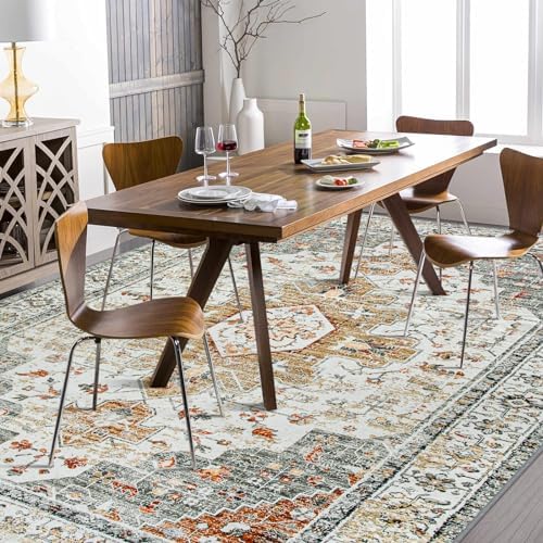 Moynesa Ultra-Thin Washable Area Rug 8x10, Large Living Room Rugs for Bedroom Under Dining Room Table, Vintage Oriental Medallion Printed Low Pile Carpet for Home Office Decor, Beige/Gold - Image 3