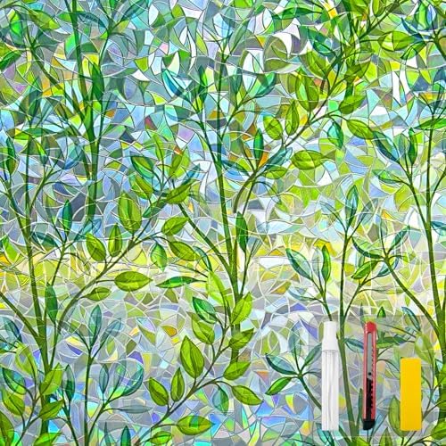 Countewol Privacy Window Films Stain Glass Cling No Glue Anti-UV Window Sticker for Bathroom Bedroom Living Room(Leaf Rainbow 157.4" L*45.27" W) by Countewolwindowfilm