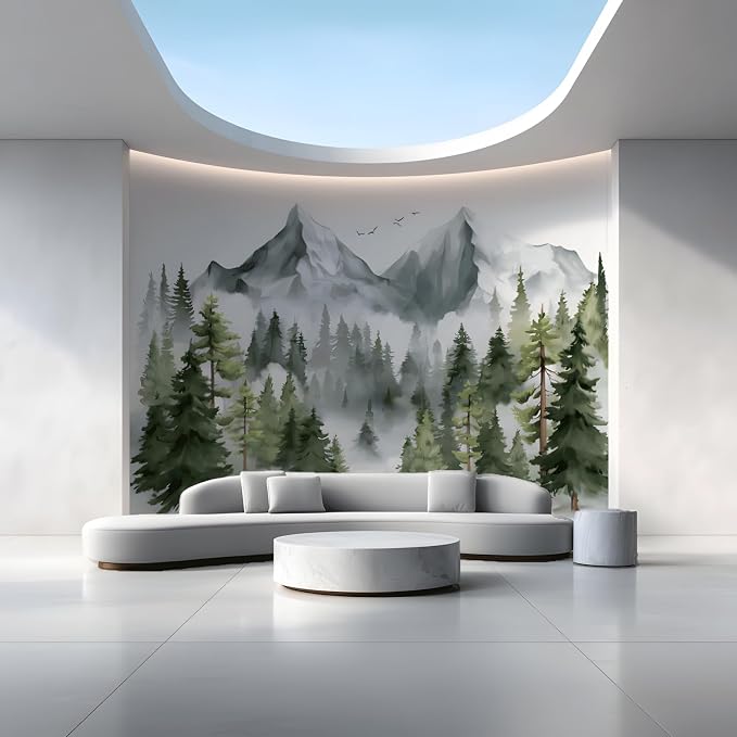 ASJ Forest Peel and Stick Wallpaper Mural, Watercolor Misty Mountain Blue | Seamless edge-to-edge match. Pine tree birds nature artwork, 98x62 in, premium fabric, bedroom living room. - Image 5