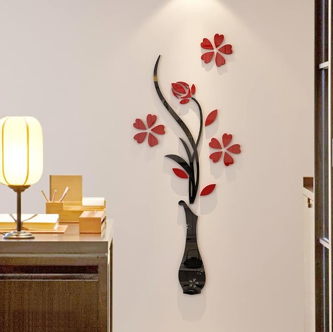 3D Vase Wall Murals for Living Room Bedroom Sofa Backdrop TV Background, Originality Stickers Gift, DIY Wall Decal Decor (Red, 47 X 18 Inches) - Image 3