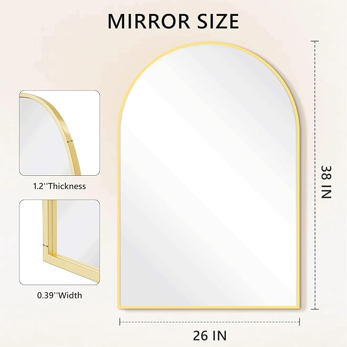 Arched Bathroom Mirror for Wall, 38" x 26" Metal Frame Vanity Mirror, Gold - Image 7