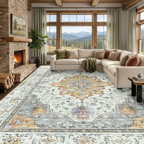 RELEANY Washable Area Rug, Large 10'x12', Beige/Carbon Grey/Orange by RELEANY