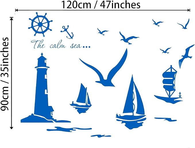 Large Sea Lighthouse Decor Wall Stickers Nautical Wall Decal with Seagulls Boat Wall Decals for Teen Decorations, Bedroom Bathroom Kids Room Nursery Decor - Image 6