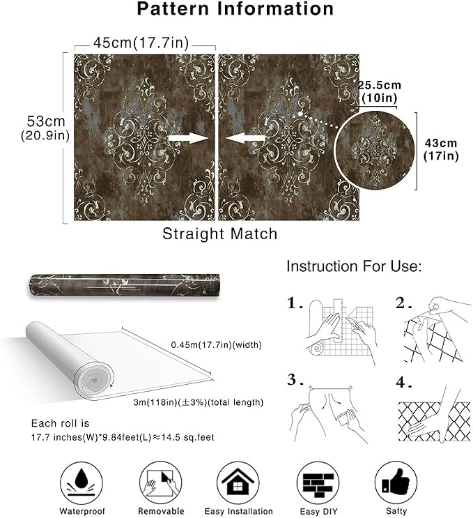 HAOKHOME Brown Wallpaper Peel and Stick Damask Vintage Victorian Bathroom | Textured Removable Retro Wall Paper Waterproof Beige Teal Traditional Victorian Farmhouse French for Bedroom 17.3in x 9.8ft - Image 6