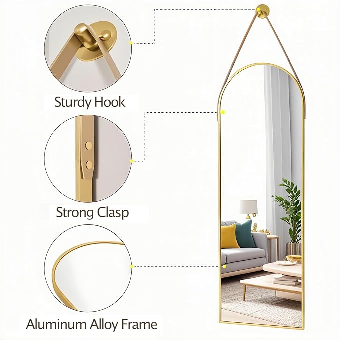 Dewfig 48"x16" Arched Full Length Mirror, Wall Mirror, Leather Strap, Gold - Image 5