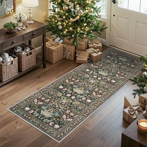 Hallway 2x5 Washable Runner Rug: Oriental Floral Stain Resistant Rug for Entryway Kitchen Farmhouse Soft Carpet for Bathroom Bedroom Thin Laudry Living Room Floor Mat with Non Slip Backing(2x5,Green) - Image 2