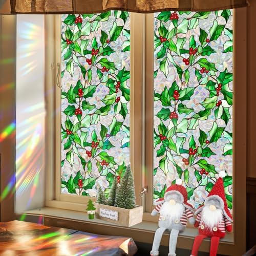 Christmas Window Film Christmas Green Window Clings DIY Glass Art Decoration Xmas Red Berry Designs Privacy Film Stained Glass Window Film Windows Sticker for Holiday Bedroom Door Decor by BHOOKA