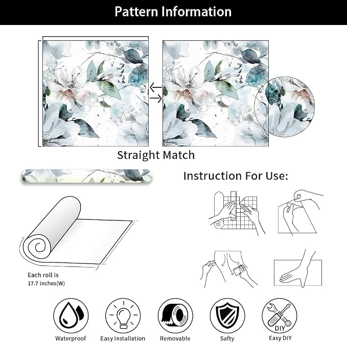 Ice Blue White Large Hyacinth Floral Green Leaf Peel and Stick Wallpaper Wall Decor Self Adhesive Wall Paper Stick on Easy Peel Off Contact for Renter Apartment - Image 6