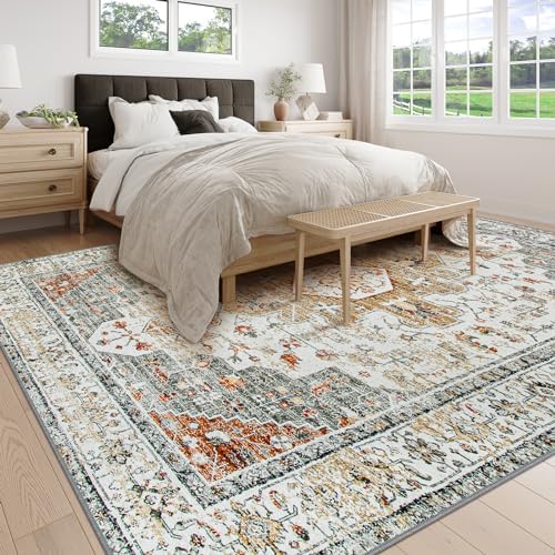 Moynesa Living Room Area Rug 9x12, Ultra-Thin Washable Large Rugs for Bedroom Under Dining Room Table, Vintage Oriental Medallion Printed Low Pile Carpet for Office Playroom Dorm, Beige/Gold - Image 6