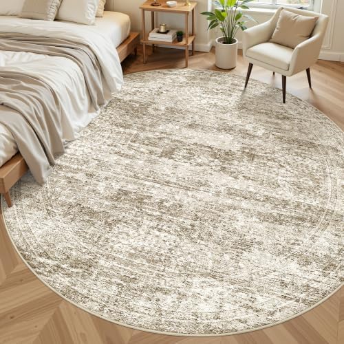 Soalmost Round Rugs 9ft Living Room Circle Area Rug 9x9 Brown Vintage - Image 4