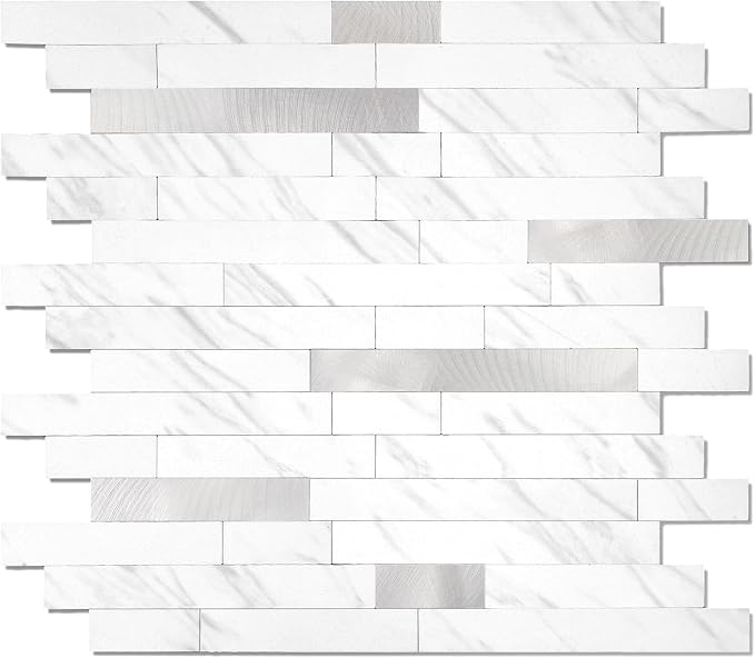 Yipscazo 20 Sheets Peel and Stick Stone Metal Tile Backsplash, Stick on Tiles for Backsplash Kitchen, Bathroom, Laundry Room, Camper, Fireplace (12'' X 12'', White Stone with Metal) by Yipscazo