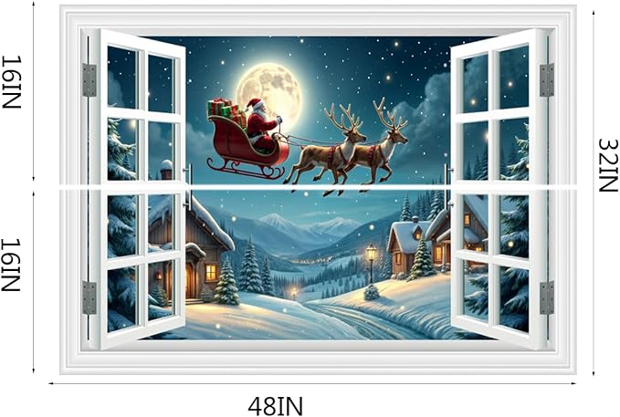 Fake Window Wall Decal - Christmas Night Santa Carry Gifts on The Roof | ｜Faux Window Merry Christmas Wall Art Mural ｜ Stick and Peel Wall Decals｜for Xmas Room Office Decor｜48"x32",Set of 2 Sheets - Image 5