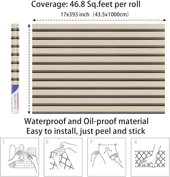 Arthome Wood Slat Wallpaper 17''x393'' Peel and Stick self Adhesive Wood Wallpaper PVC Vinyl Decorative Removable Wallpaper Waterproof Faux Wood Grating Stripe Contact Paper for Living Room (Oak) - Image 7
