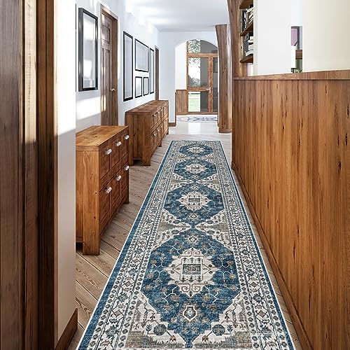 Hallway Washable Runner Rug - 2'6x12 Kitchen Rugs Entryway Rug Runner Vintage Soft Floor Mat Non Slip Indoor Farmhouse Carpet for Bathroom Living Room Bedroom (2'6''x12', Blue) by HYHAOYUNLAI