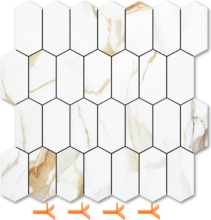Vamos Tile Long Hexagon Peel and Stick Backsplash Tile - 10 Sheets Stick on Backsplash for Kitchen and Bathroom 12.4 x 12 Inch Calacatta Gold PVC Self Adhesive Mosaic Wall Tiles by VamosTile