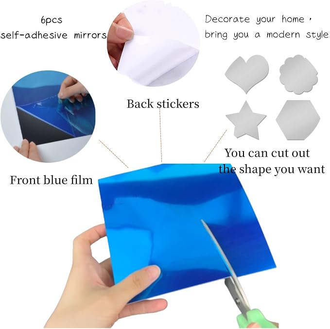 6PCS 8''x6'' Self Adhesive Acrylic Mirror Tiles Non Glass Mirror Paper - Image 2