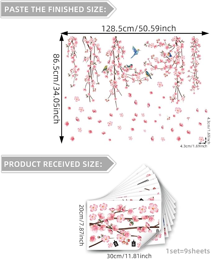 9 Sheets Cherry Blossom Decor Wall Decals Peel and Stick Pink Room Decor for Girls Bedroom Large Removable Wall Stickers & Murals Vinyl Car Decals for Women Living Room Office Vine Bird Art Clings - Image 5