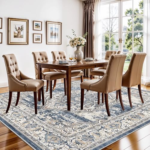 7x7 Area Rug Washable Living Room Rugs: 7ft Square Ultra Thin Soft Oriental Area Rugs Non-Slip Backing Farmhouse Rug Low Pile Thin Stain Resistant Indoor Carpets, 7' x 7' Blue - Image 3