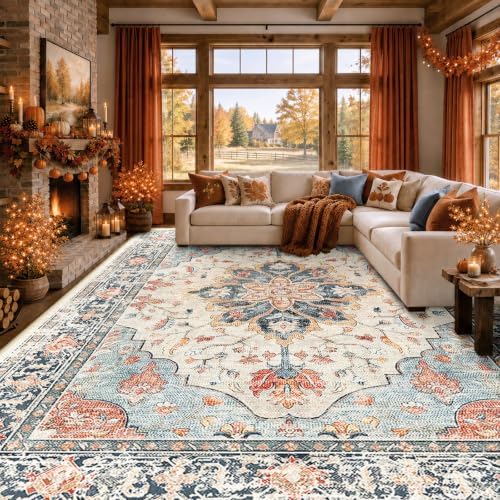 RELEANY Washable Area Rug, Large 9'x12', Beige/Blue/Orange by RELEANY