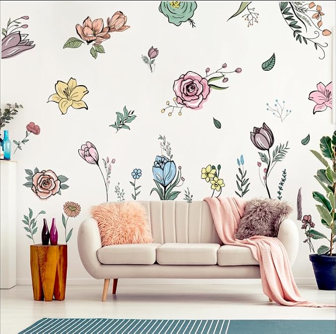 Large Boho Floral Wall Decals Watercolor Flower Wall Stickers for Bedroom Living Room, Removable Peel and Stick Wall Art for Girls Bedroom Living Room Nursery Dorm Room by MagiMural