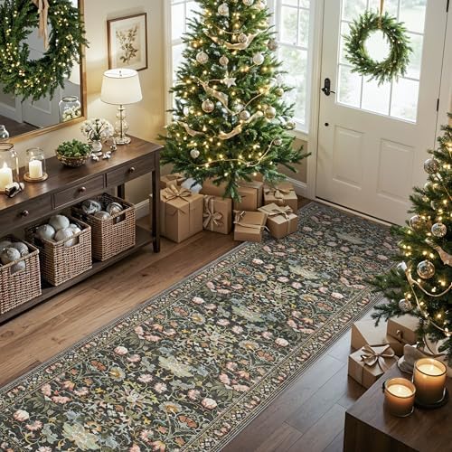 Washable 2x8 Hallway Runner Rug: Vintage Water-Resistant Kitchen Entryway Rug Ultra Soft Living Room Bedroom Carpet with Non Slip Backing Indoor Low Pile Floor Mat for Bathroom Dining Room(2x8,Green) - Image 2