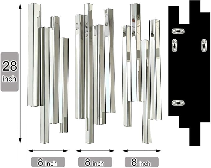 Modern 3 Pack 28x8 Staggered 3D Silver Mirror Wall Set Mirror Decor - Image 4