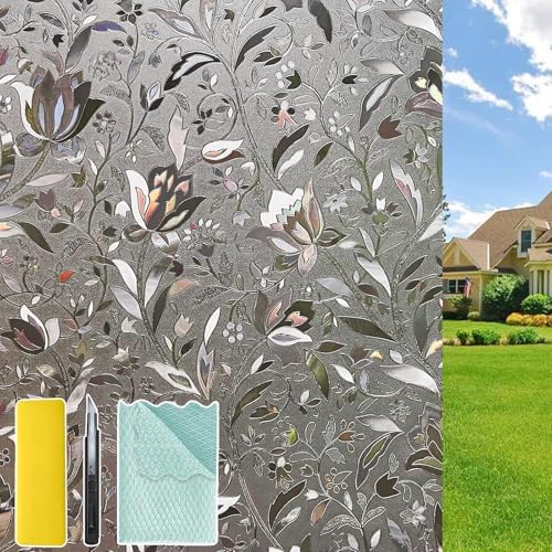 Niviy Window Privacy Film with Installation Tools, Frosted Glass Window Film, Heat Control Glass Clings, Window Vinyl Glass Covering for Home, (Grayish Black Tulip, 17.7 x 78.7 inch) by Niviy