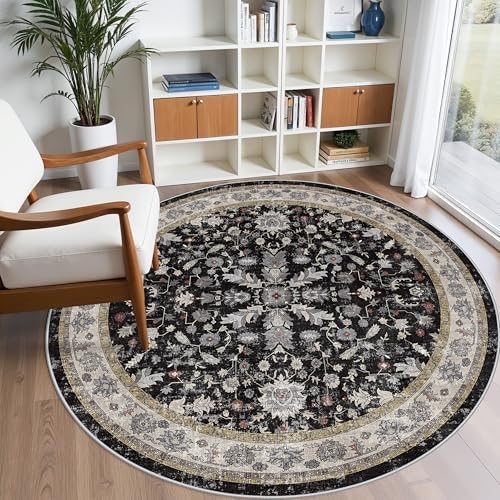 6ft Round Kitchen Rug Washable - Non-Slip Soft Low Pile Circle Area Rug for Under Table Living Room Dining Room Bedroom – Boho Floral Circular Floor Indoor Carpe (Black,6x6) - Image 3