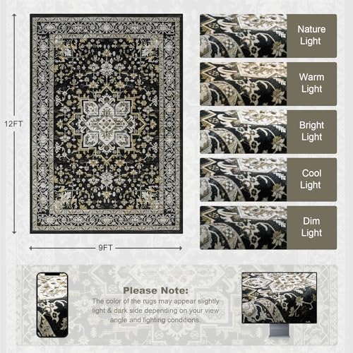 9x12 Area Rugs Living Room: Washable Rug for Bedroom Black Gold - Image 2