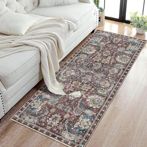RUGSURE Washable Area Rugs - Perfect for Living Room, Bedroom, Kids Room, Nursery - Stain & Water Resistant Non-Slip, Pet & Child Friendly, Vintage Tribal Area Rugs (Rust and Bule, 2'6'' x 8') - Image 4