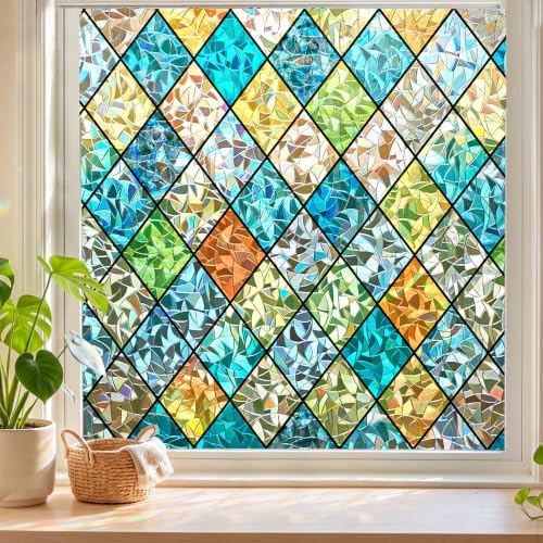 Sunbaby Stained Glass Winodw Film, Rainbow Lattice Stickers, 35.4"x78.7" by SUNBABY