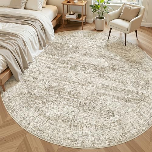 Soalmost Round Rugs 8ft Living Room Circle Area Rug 8x8 Brown Vintage - Image 2