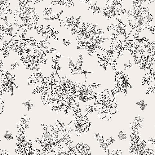 Froluya Black and White Floral Wallpaper Peel and Stick 17.7in×590.5in | Vintage Floral Contact Paper Boho Flowers Birds Removable Self Adhesive Decorative Wallpaper for Bathroom Cabinets by Froluya