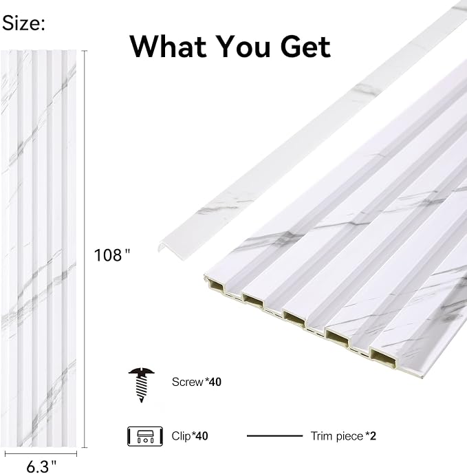 Slat Wall Panel 8-Pack, 108’’x6.3’’, Marble White | WPC Wall Panel for Interior Wall Decor, TV Background, Kitchen, Bedroom - Image 2