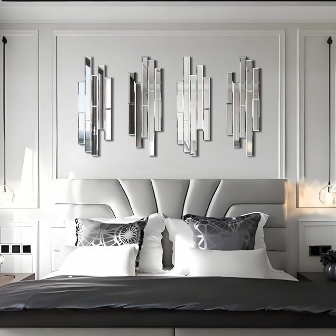 Artisan Set of 4 Silver Beveled Wall Decor Mirrors - 24x8 Inch Each, Creative Combination Design for Modern & Farmhouse Home Decor, Shatter-Resistant Glass with Wood Backing - Image 4