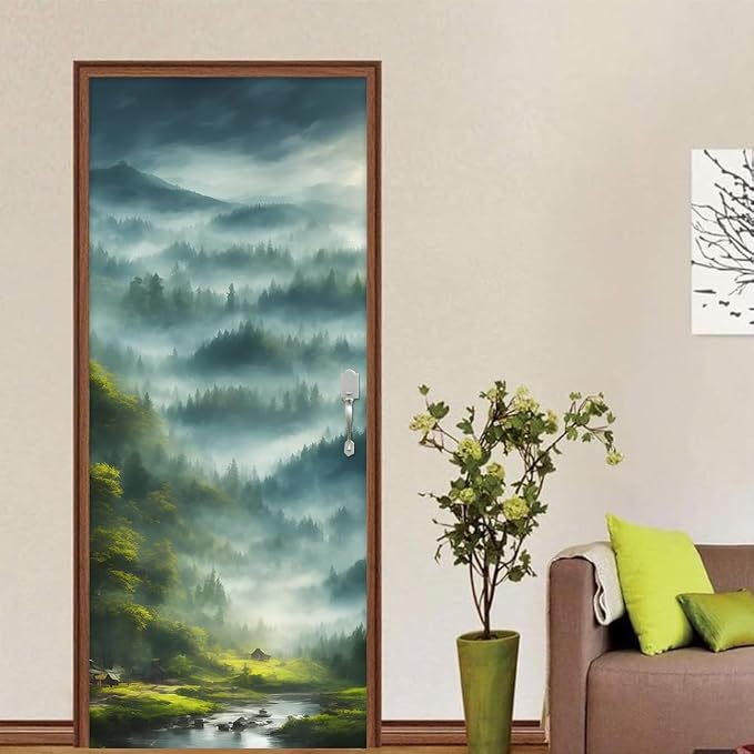 REDAMANCY River Mountain Forest Green Landscape Nature Peel and Stick Door Stickers Vinyl Decals Decor Modern Self-Adhesive, Waterproof, Removable - Image 4