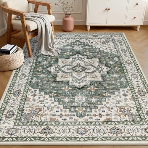 3x5 Area Rugs Living Room: Washable Rug for Bedroom Green Ivory - Image 2