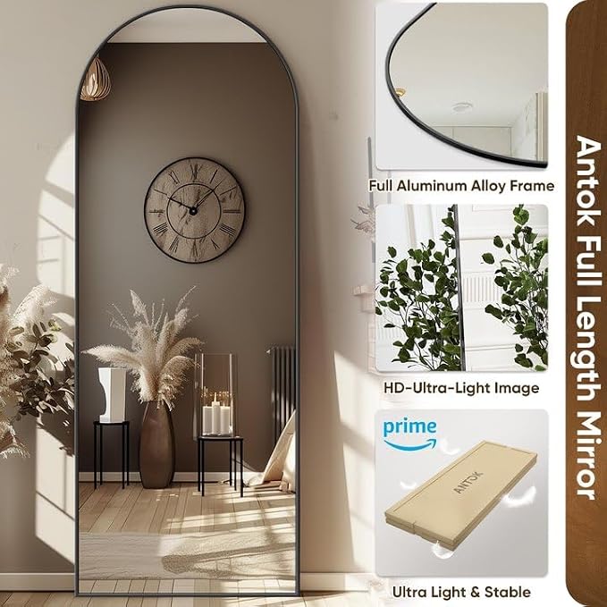 Antok Full Length Mirror, 59"x18" Floor Mirror with Stand, Black, Arched - Image 5