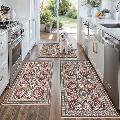 Washable Non-Slip Kitchen Rugs Set of 3 – Boho Soft Mats and Runner for Bathroom, Entryway, Hallway Room – Stain-Resistant Low-Pile Indoor Carpet (Red, 2x3+2x4+2x5) by BYYVOORugsforYourHome