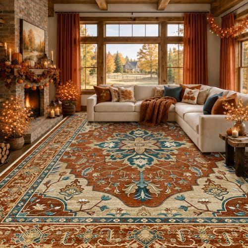 RELEANY Washable Area Rug, 8'x10', Red/Orange/Blue/Brown by RELEANY