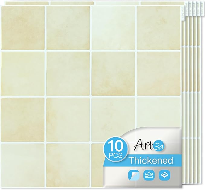 Art3d Grid Design Peel and Stick Backsplash, 10-Pack, 12 x 12 in, Sandstone | Enhanced Thickness, Strong Adhesion, Moisture Resistant, Long-Lasting, Minimalist Look, DIY Friendly, for Kitchen Countertops by Art3d