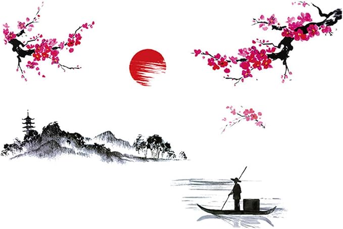 Japanese Wall Decor Stickers Wall Decals, Red Cherry Blossom | Splash Ink Landscape Painting, Mountain River Fisherman Mural, Removable Peel and Stick, For Bedroom Living Room TV Nursery - Image 8