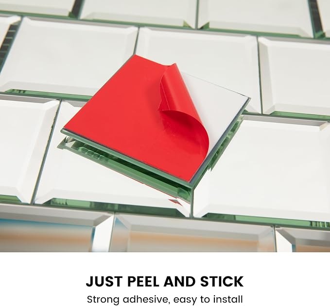 Peel and Stick Mirror Tile 3 x 3 Inch Beveled Square Silver Mirror Glass Tiles for Kitchen Backsplash Bathroom Wall（32 Pcs） - Image 4