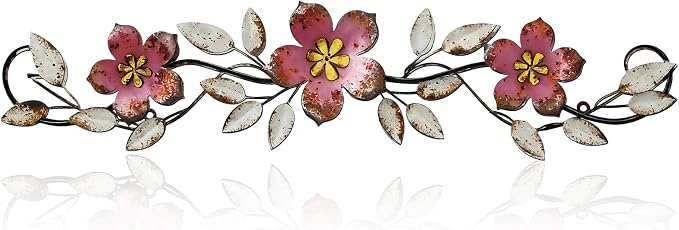 Wesiti Metal Flower Wall Decor Wrought Iron Scroll 15.7x3.7,Pink | Vintage Metal Flower decor,Farmhouse Leaf Art with Nails, Flat Not 3D Design, For Bedroom Kitchen Indoor Outdoor Wall Decor by Unteilti