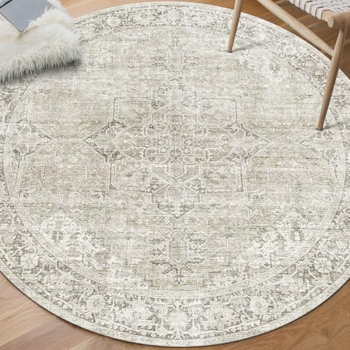 ReaLife Rugs Machine Washable Area Rug - Living Room Bedroom Bathroom Kitchen Entryway Office - Padded Low Pile Stain Resistant Premium - Boho Farmhouse Vintage - Lyle - Beige Ivory 6' Round by ReaLifeRugs