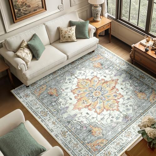 RELEANY Washable Area Rug, Square 6'x6', Beige/Carbon Grey/Orange by RELEANY
