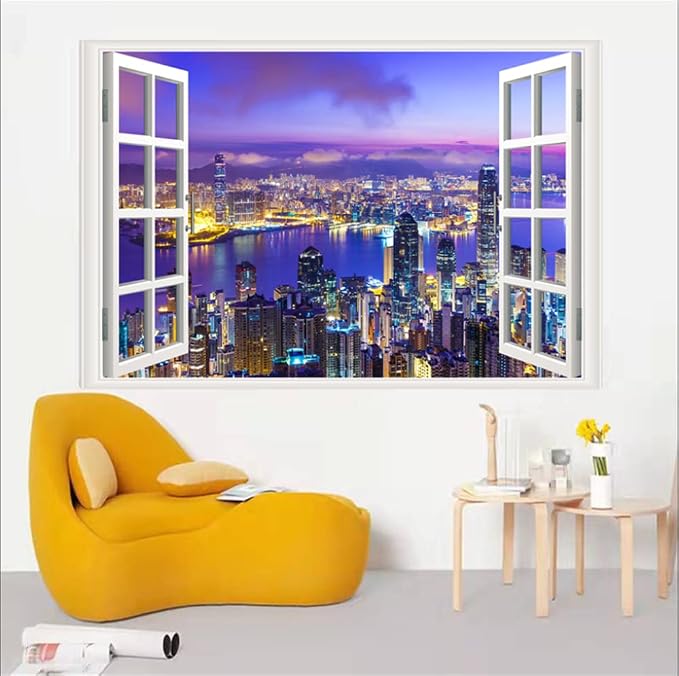 Self-Adhesive Wall Sticker Romantic Living Room Bedroom Study Office Decorative Wall Sticker Ocean Scenery Fake Window Sticker Mural (17.3"×27.6", City Night) - Image 5