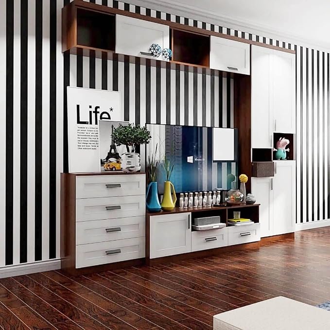 Black and White Striped Peel and Stick Wallpaper Self-Adhesive Removable Waterproof Wallpaper Wall Covering Cabinets Shelves Decorative A Set of 17.3"x300" - Image 5