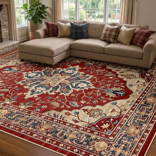 RELEANY Washable Area Rug, 7'x10', Red/Blue by RELEANY